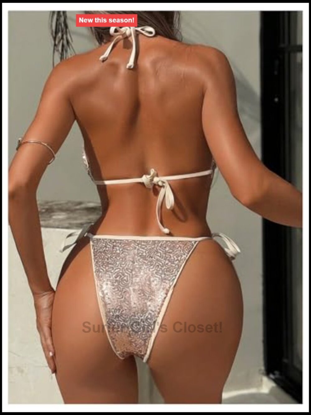Women's 2 Piece Halter Bikini Set with Metal Ring Sequins High Cut - Picture 3 of 6